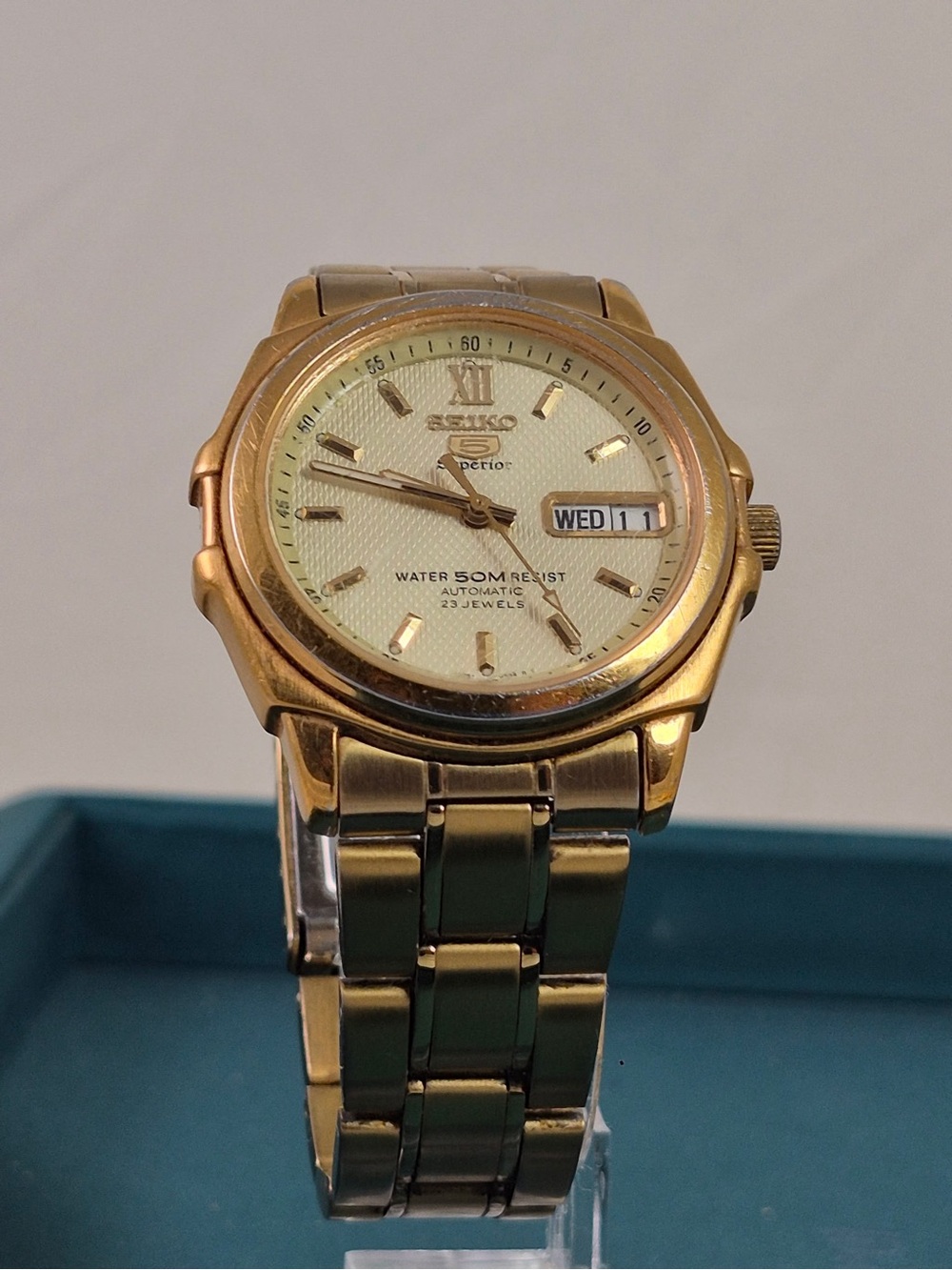 Seiko Superior 7S36-0150 Automatic 23J Gold Tone Day Date Men's Watch Running